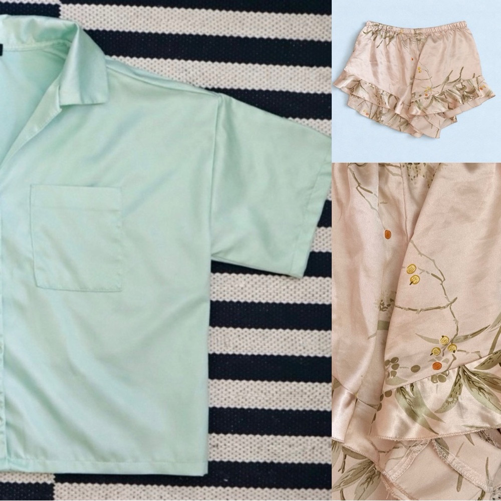 House of Harlow 1960 silky pajama top + ruffle shorts.  Pearl buttons- L